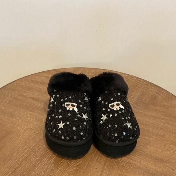 Karl Lagerfeld Hessa Tweed Gold Faux Fur Trim Platform Slides - Picture 3 of 3